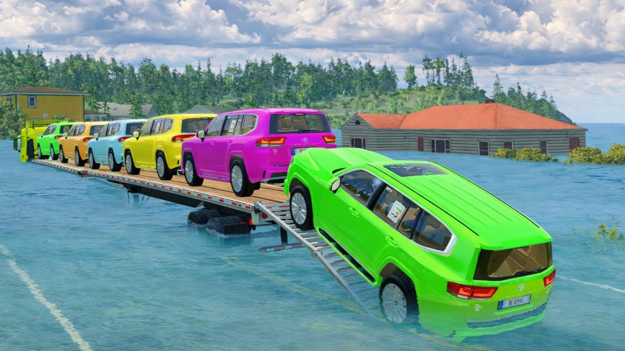 Triple Flatbed Trailer McQueen Transportation with Truck - Speedbumps vs Cars vs Train - BeamNG #25