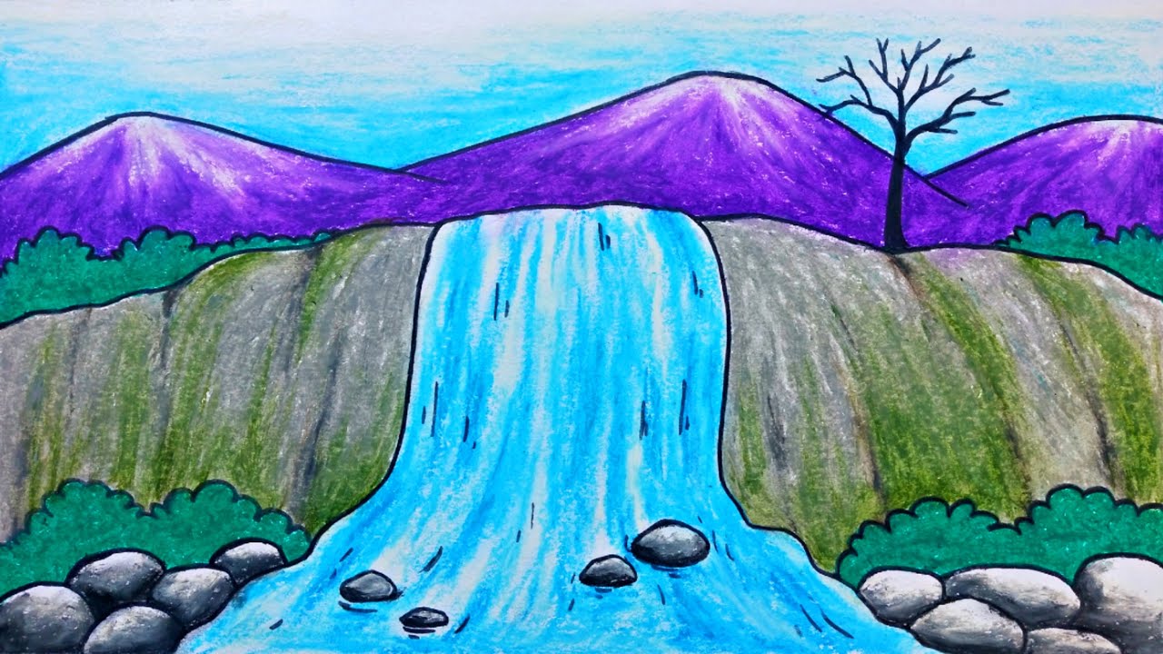 Mountains पहाड़ के साथ Waterfall झरना Scenery Drawing करना सीखें Step by Step for Beginners