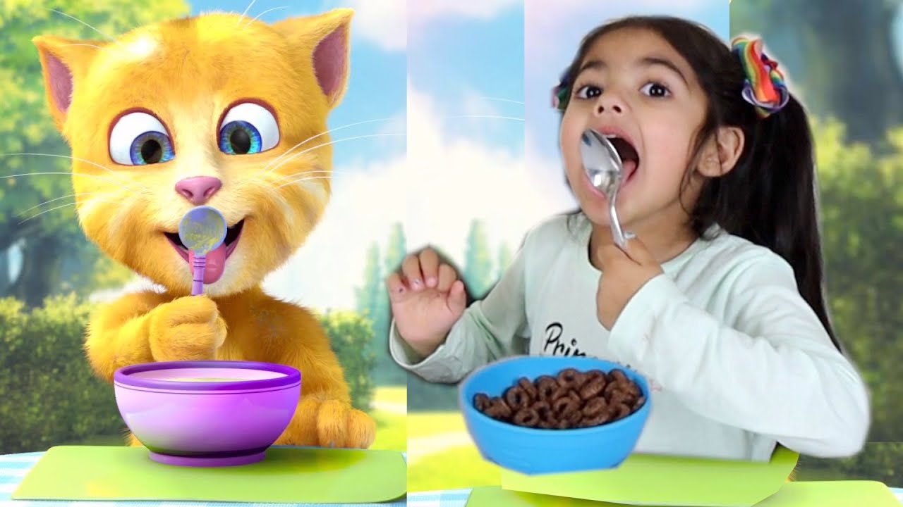Zara and Funny Cat eats Breakfast and Plays - Morning routine with Talking Ginger