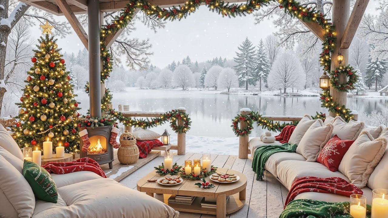 Cozy Winter Porch Ambience ❄️Instrumental Christmas Music & Fireplace Ambience for Relax and Focus