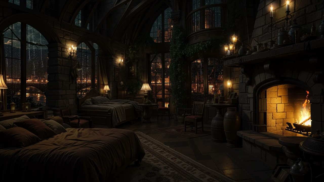Peaceful Rain Ambience in a Medieval Castle 🏰 Firelit Stone Halls for Deep Relaxation