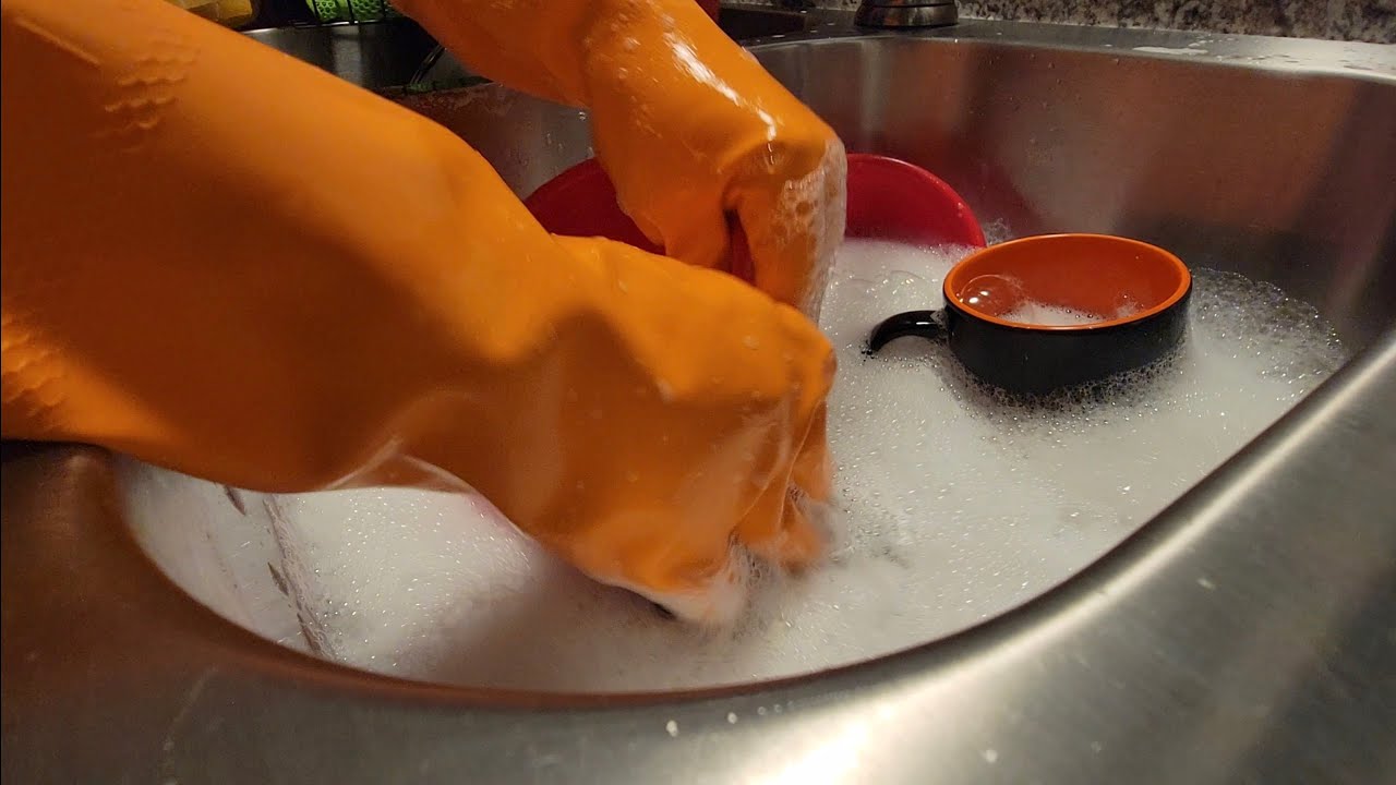 Washing Dishes Squeaky Clean With Large Orange Rubber Gloves! 3/15/2022