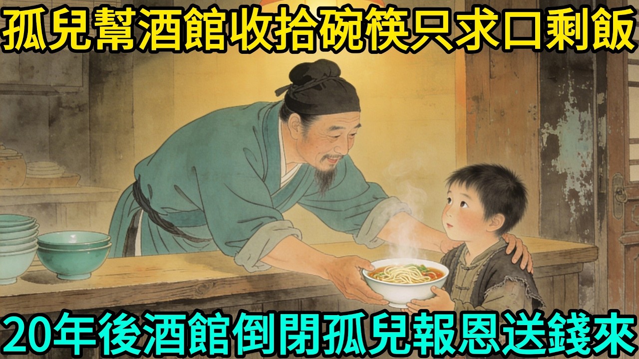 8歲流浪孤兒幫酒館收拾碗筷，只求能給口剩飯！掌櫃心善，總留碗面給他。20年後酒館經營不善將要關門，一隊鏢師上門，送來當年面錢報恩！#民間故事 #故事頻道 #感人故事 #情感