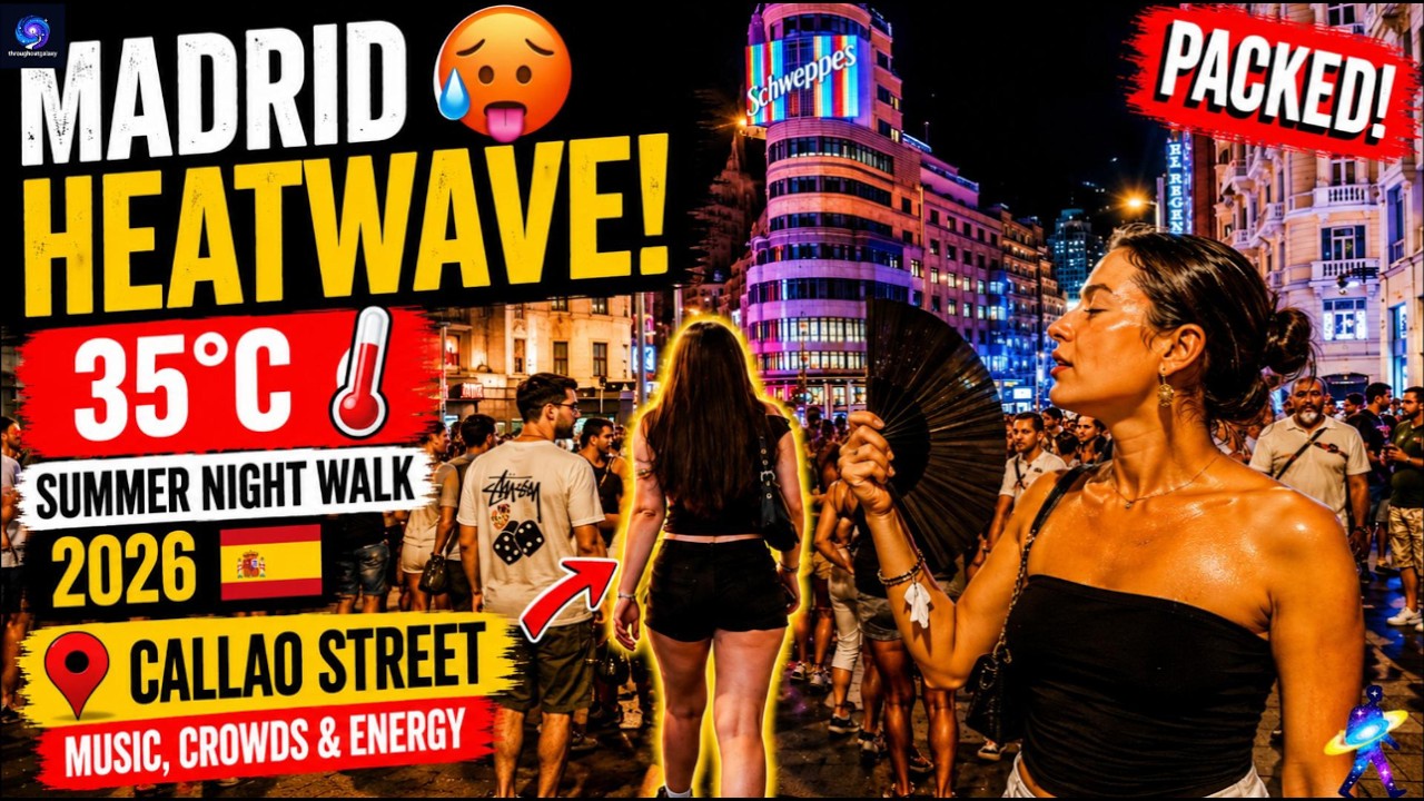 MADRID HEATWAVE! 🥵 35&deg;C Blazing Summer Night Walk 2026 🇪🇸 | Callao Street Packed with Music, Crowds