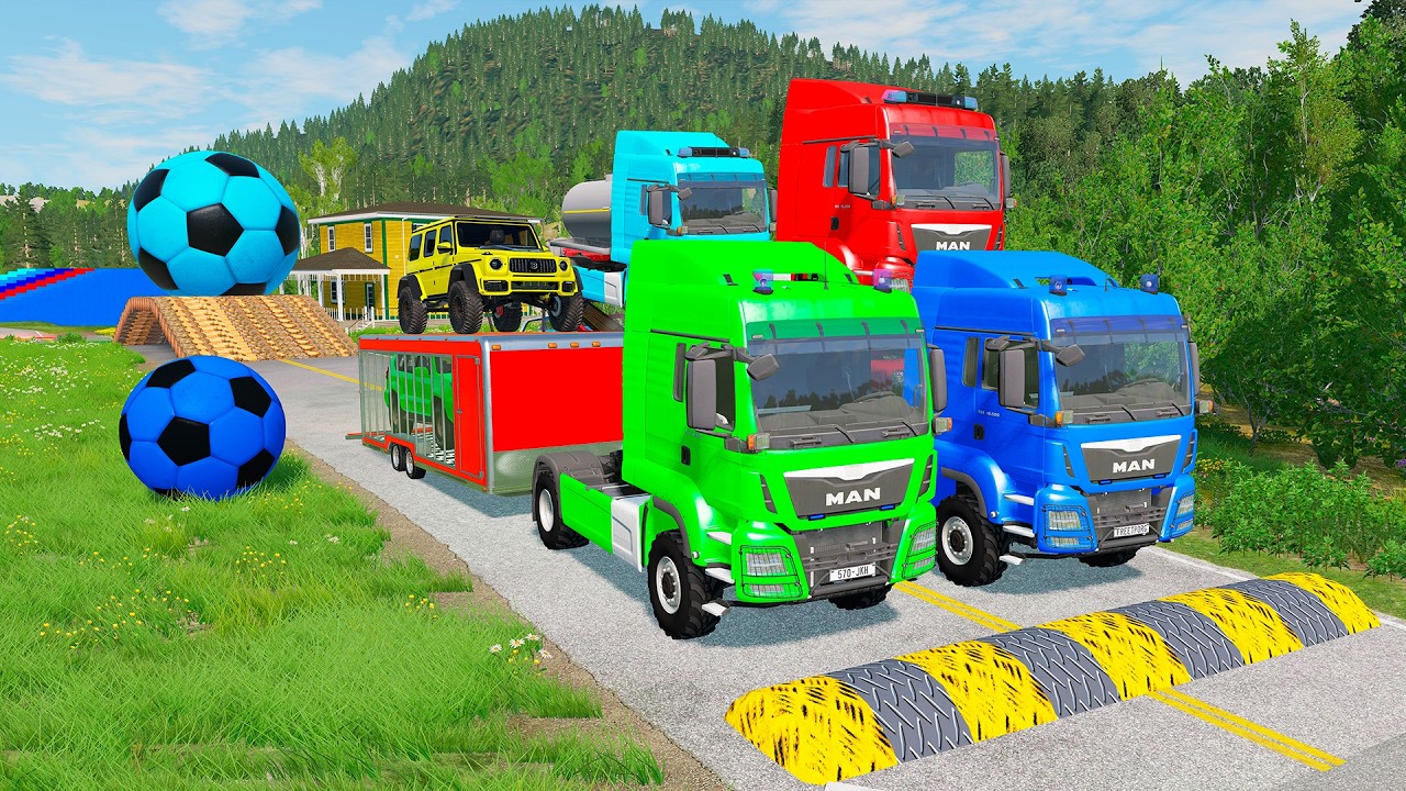 Double Flatbed Trailer Transportation with Truck - Speedbumps vs Cars vs Train - BeamNG.Drive #143