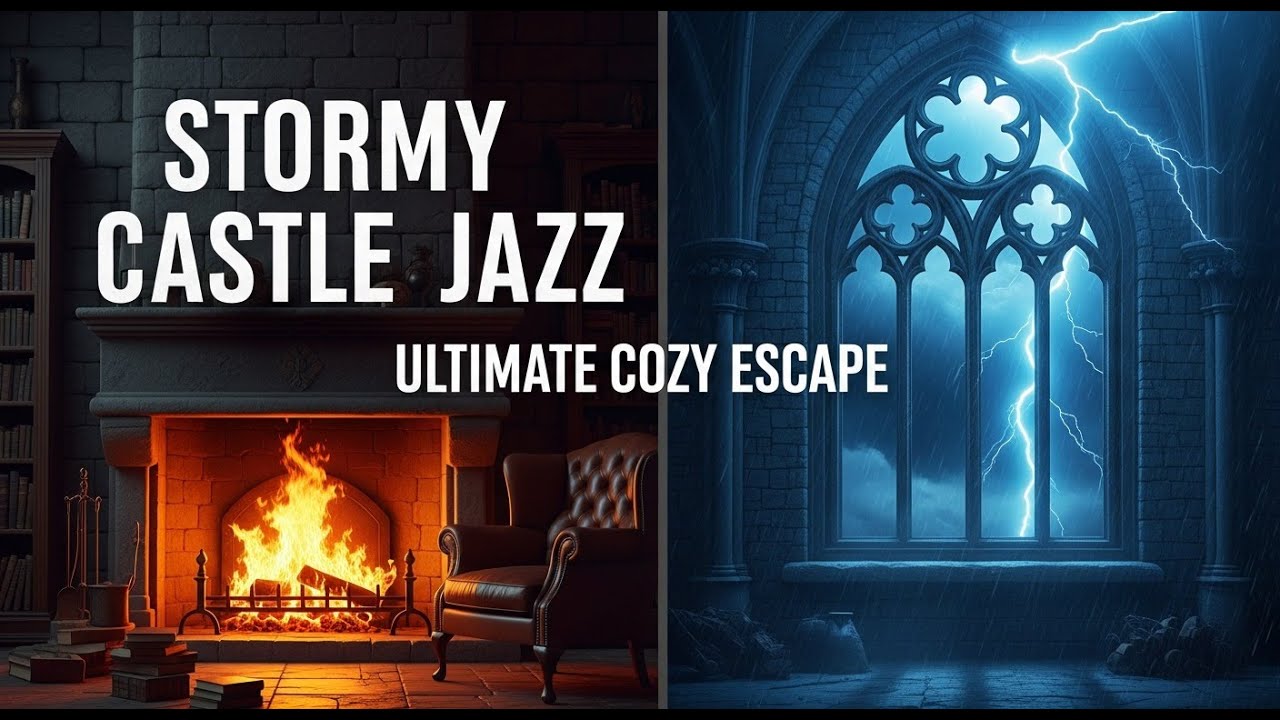 Ancient Castle Library ⛈️ 1 Hour of Stormy Night Jazz & Fireplace Sounds for Sleep