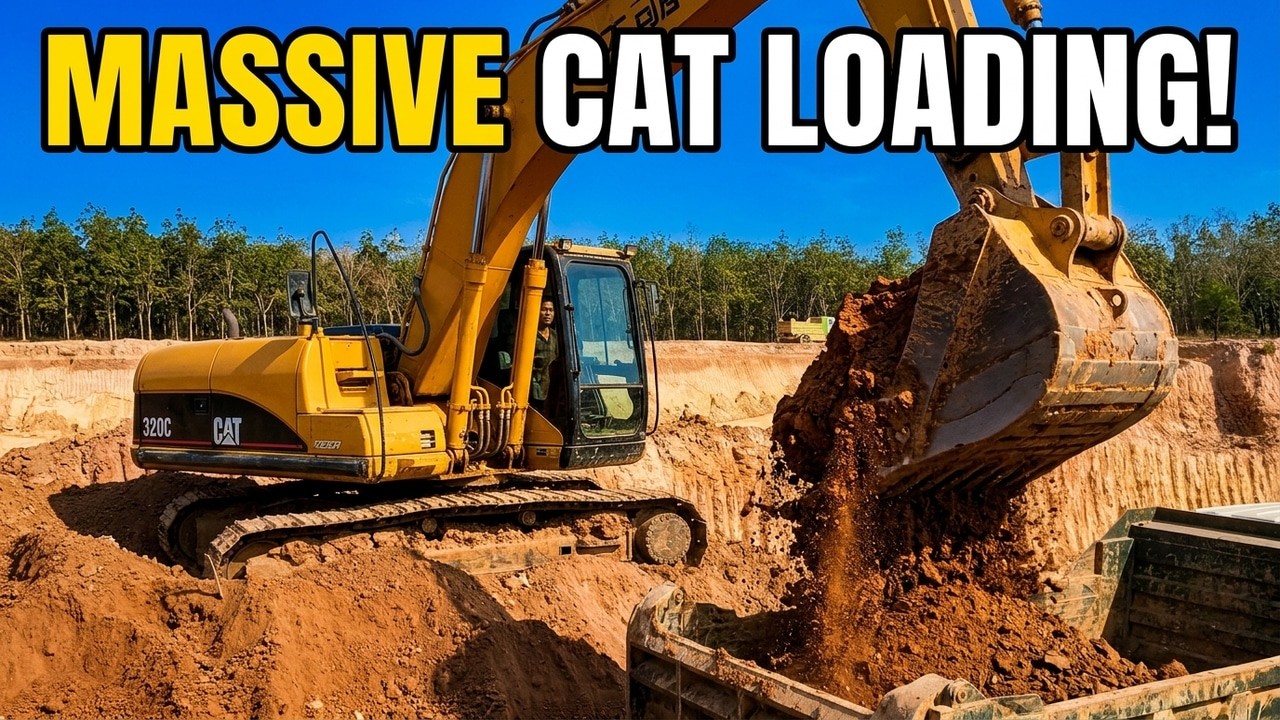CAT 320C Excavator Loading Dump Trucks - Massive Site Work