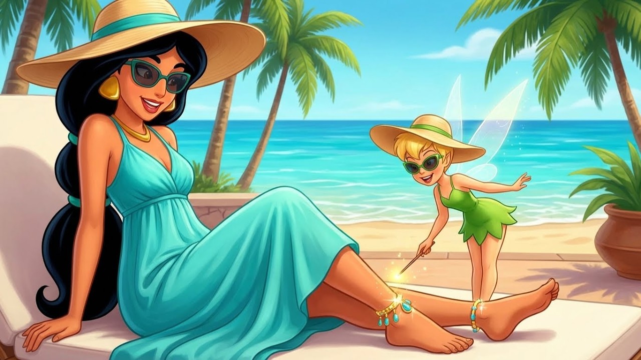 Princess Jasmine and Tinker Bell on vacations relaxing and playing with her beautiful anklet feet
