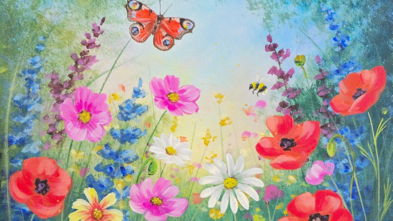 WILDFLOWERS Meadow Acrylic Painting LIVE Tutorial