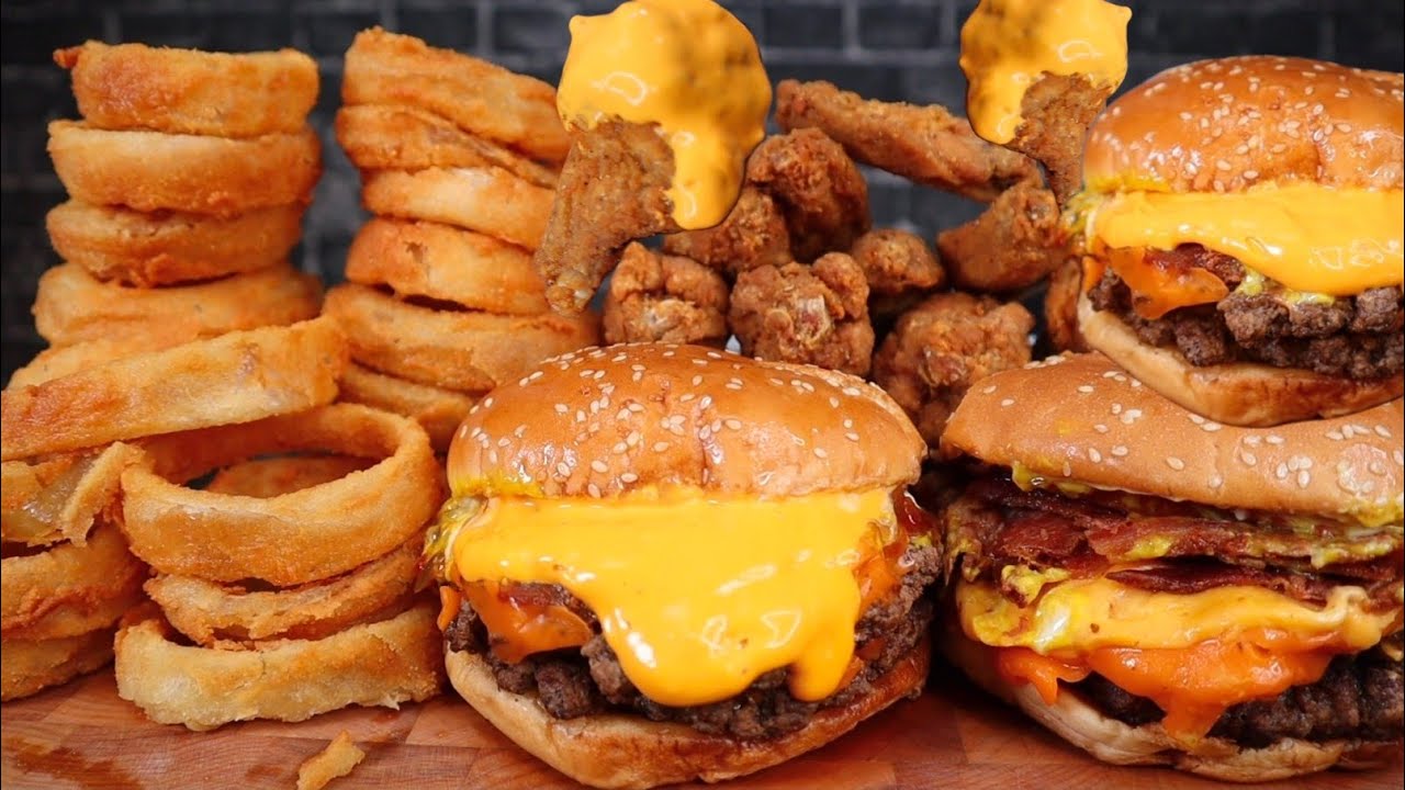 ASMR DOUBLE BACON CHEESE BURGERS, WINGS WITH CHEESE SAUCE, AND CRISPY ONIONS RINGS MUKBANG