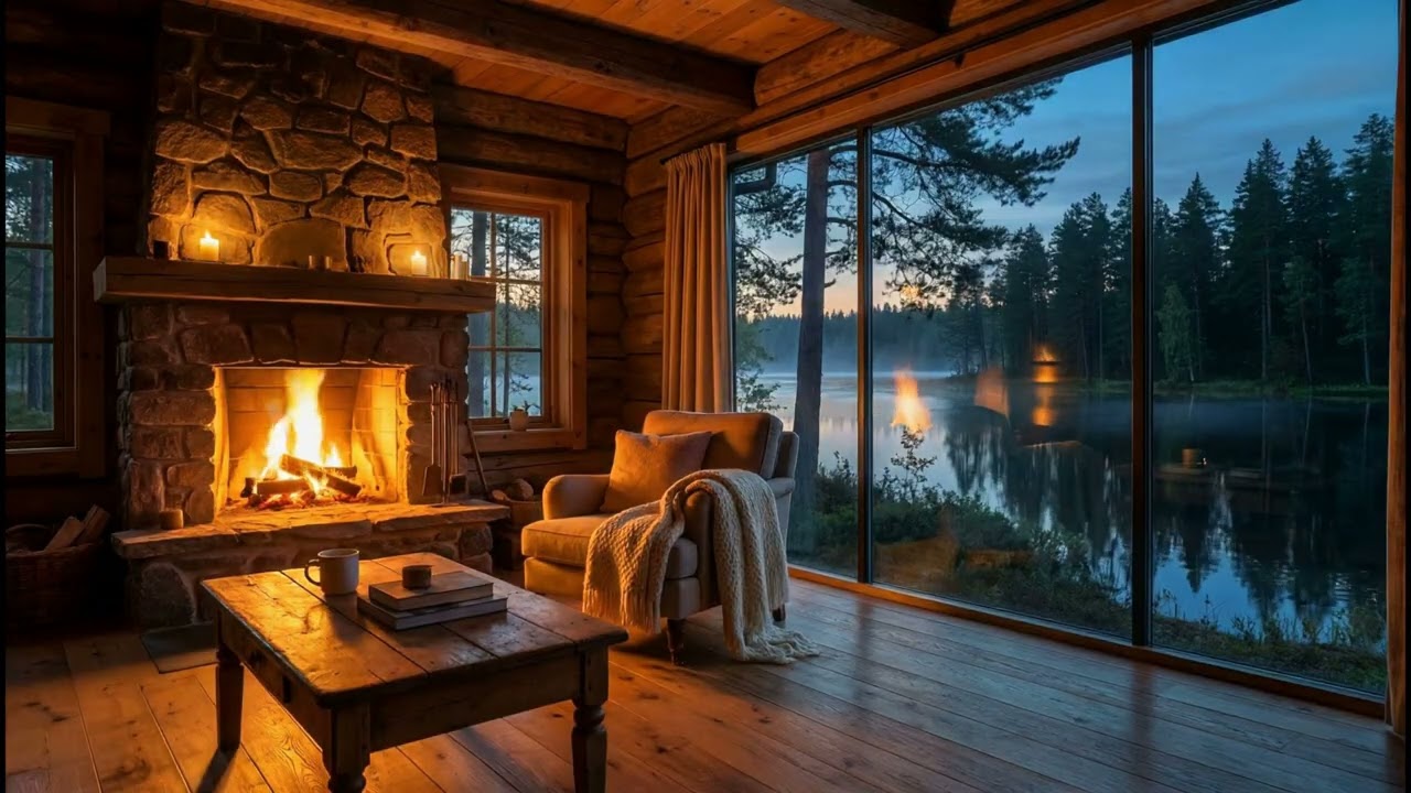Fireplace by the Lake on a Quiet Evening | Cozy Cabin Ambience