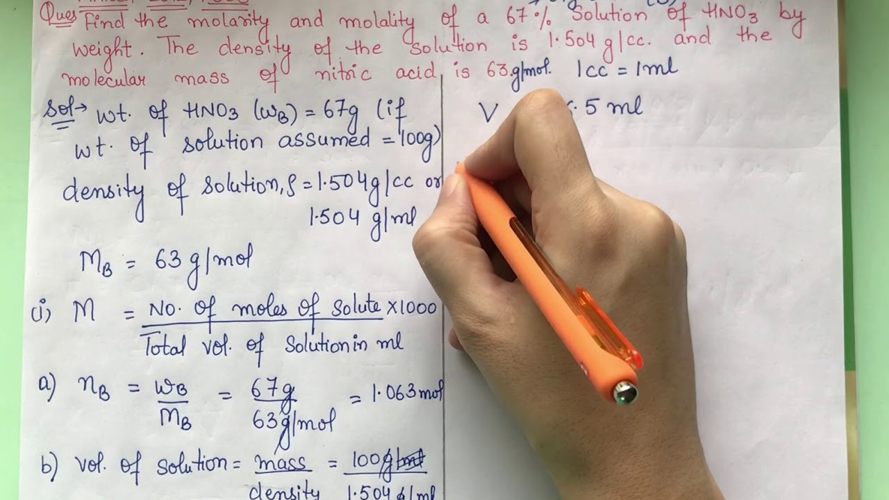Find the molarity and molality of a 67% solution of HNO3 by weight. #chemistry #numericals #ncert