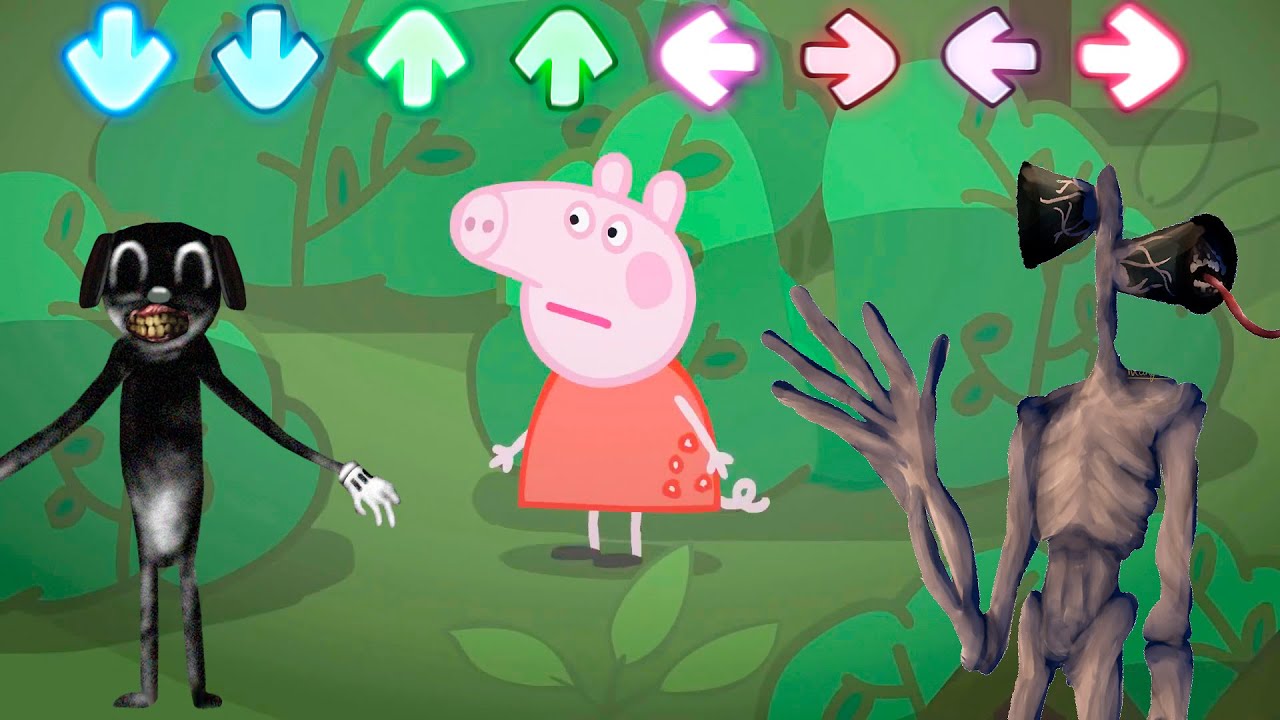 Horror Peppa Pig Peppa Met Cartoon Cat And Siren Head In The Forest In A Fight in Friday Night Funki