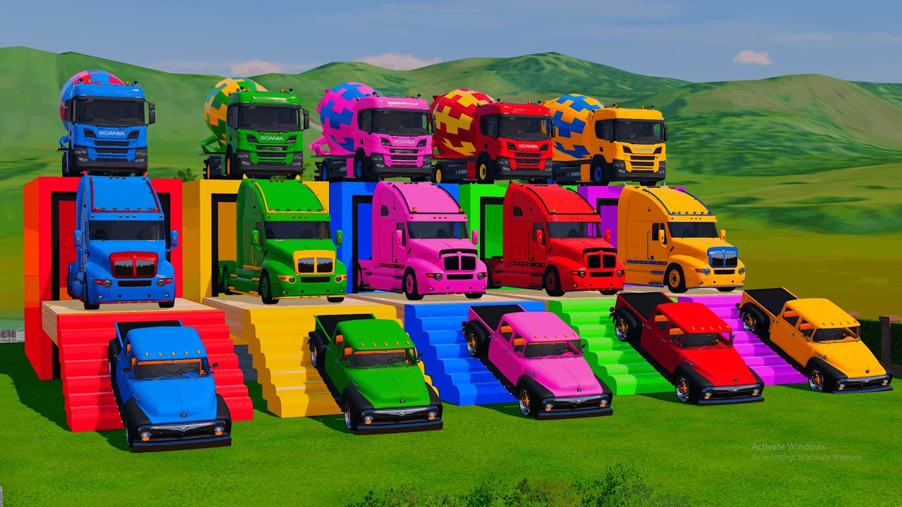 Garage with Colors - ALL MIXER TRUCK WITH DOUBLE FLATBED TRAILER TRUCK, KENWORTH, SCANIA, FORD ! FS2