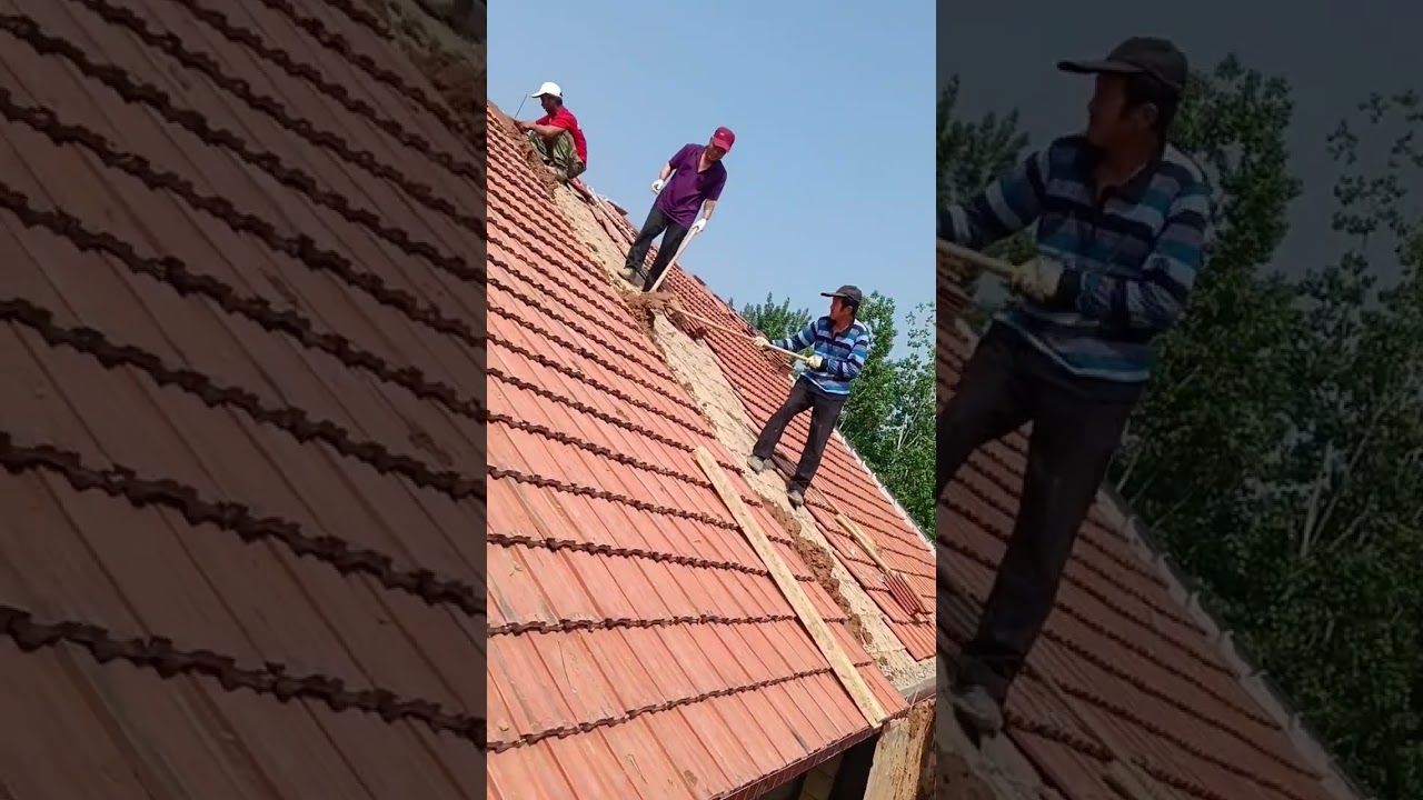 Traditional Method of Carrying Mud to Rooftop for Tile Installation