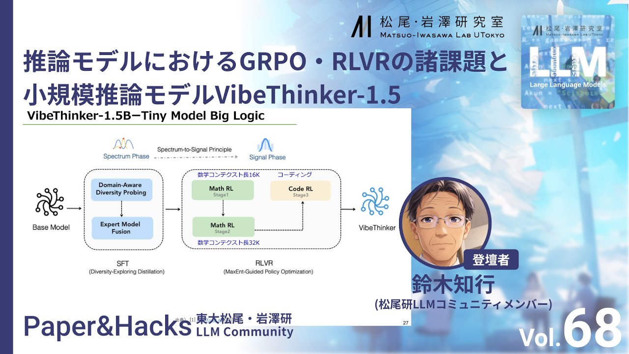 松尾研LLMコミュニティ【Paper&Hacks #68】推論モデルにおけるGRPO・RLVRの諸課題と小規模推論モデルVibeThinker-1.5B