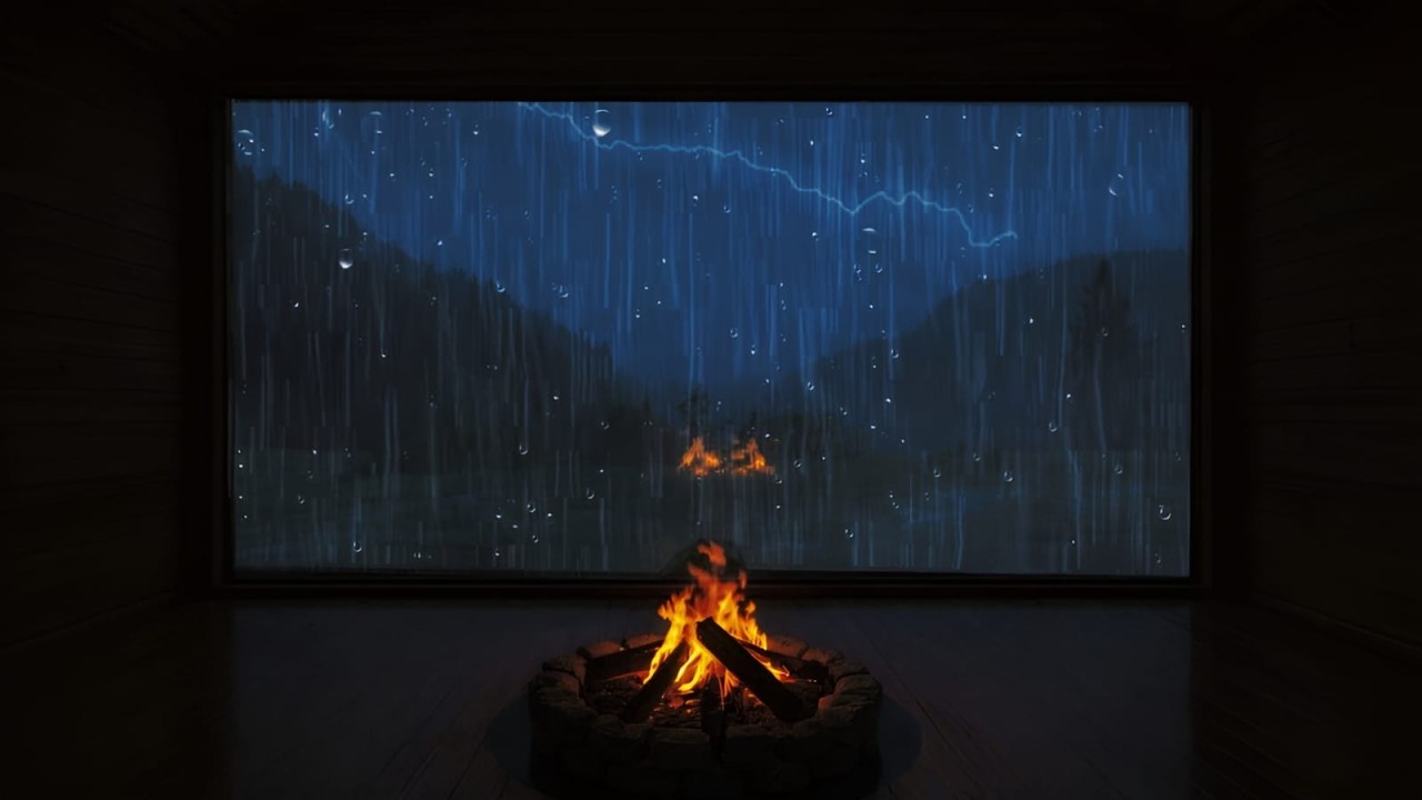 Calm Rain and Thunder Sounds — Cozy Fireplace Ambience During a Peaceful Stormy Night