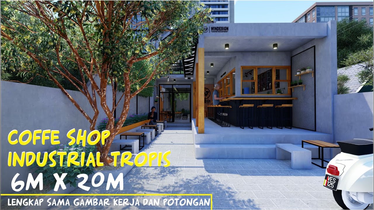 Desain Cafe Industrial Tropis Minimalis 6 Meter x 15 Meter