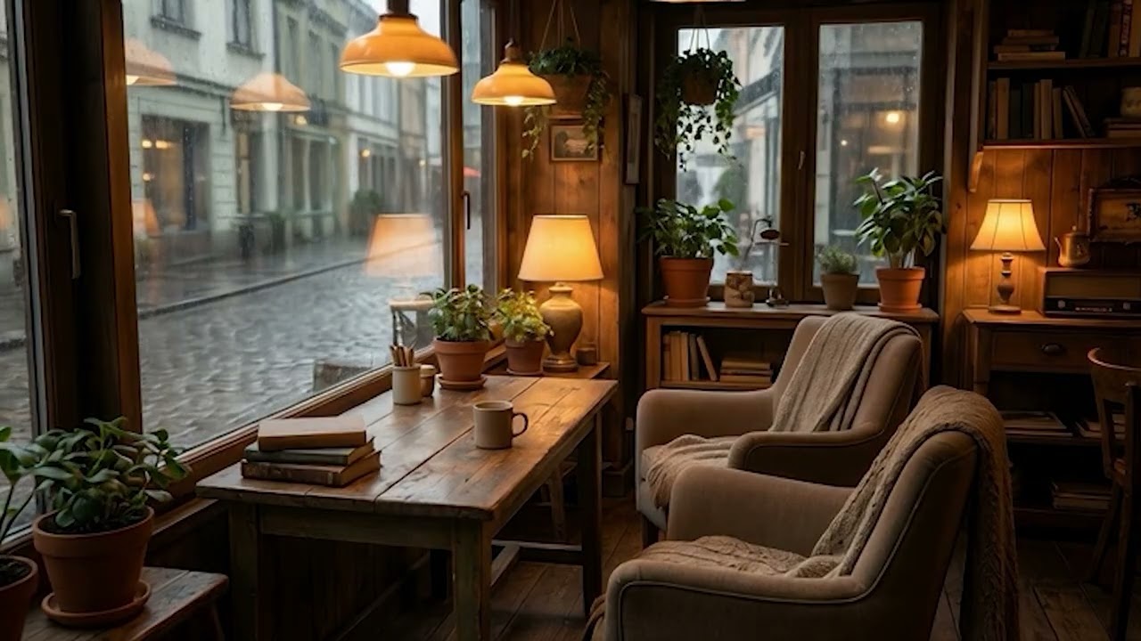 Quiet Coffee Shop at Day | Rain on Window Cafe Ambience | 4K 6 Hours for Sleep