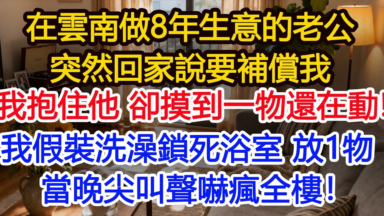 在雲南做8年生意的老公，突然回家說要補償我，我感動擁抱，卻在他後背摸到一冰冷的東西，還在動！我假裝洗澡鎖死浴室，往裡面放了1物，當晚尖叫聲嚇瘋全樓#為人處世 #正能量 #故事分享 #生活經驗 #情感