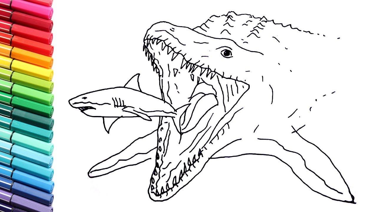 Drawing and Coloring Jurassic World Mosasaur and Shark - Dinosaur Color Pages For Children