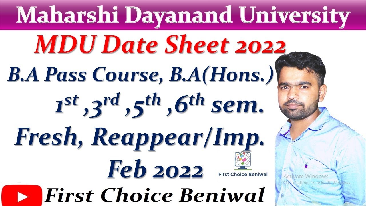 MDU DATE SHEET 2022 B.A Pass Course, B.A (Hons.), 1st,3rd,5th, & 6th Sem. Fresh, Reappear/Imp.