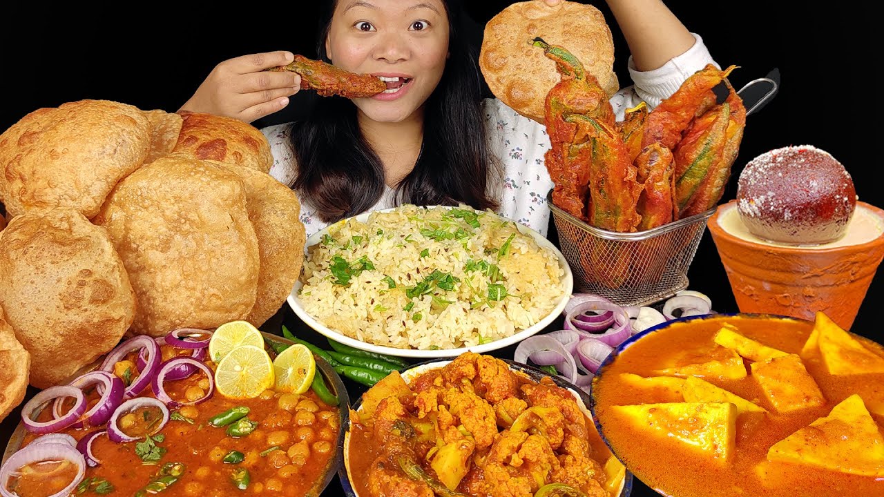 Eating Jeera Rice With Lots of Puri & Chole / Chana Masala, Paneer Masala & Pakauda | Nepali Mukbang