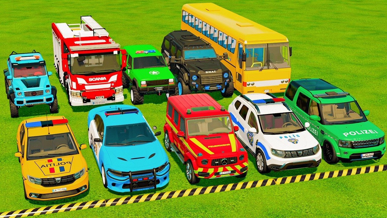 TRANSPORTING POLICE CARS, AMBULANCE, FIRE TRUCK, COLORFUL CARS WITH TRAIN -FARMING SIMULATOR 22!