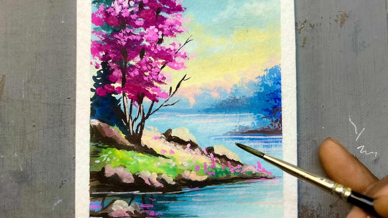Pink Blossom Tree Landscape Painting | Easy Art
