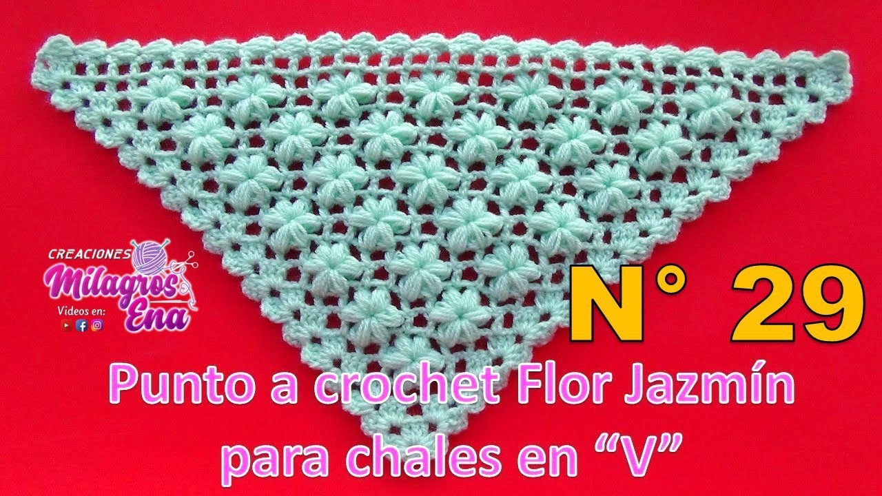 Chal N° 29 tejido a crochet en punto Flor Jazmín en forma triangular, en V o en punta paso a paso
