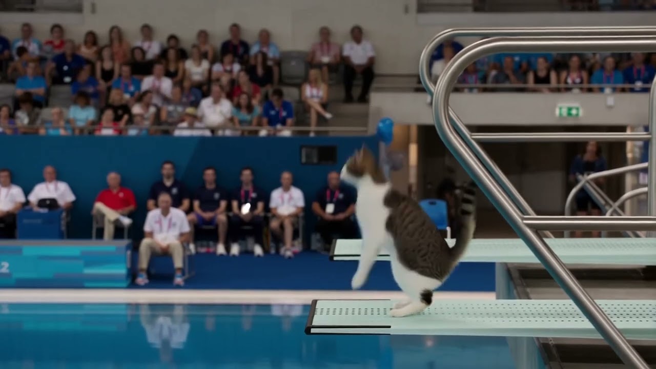 hailuo 02 ai video, Cat Diving at the Animal Olympic Games