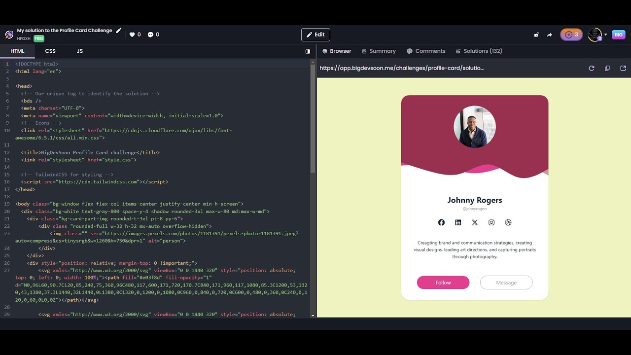 Solución al Reto Profile Card | BigDevSoon con HTML, CSS  y Tailwind