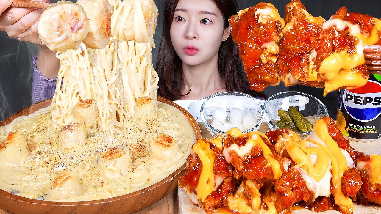ASMR МУКБАНГ | Паста из гребешков со сливками и острой курицей 🍗