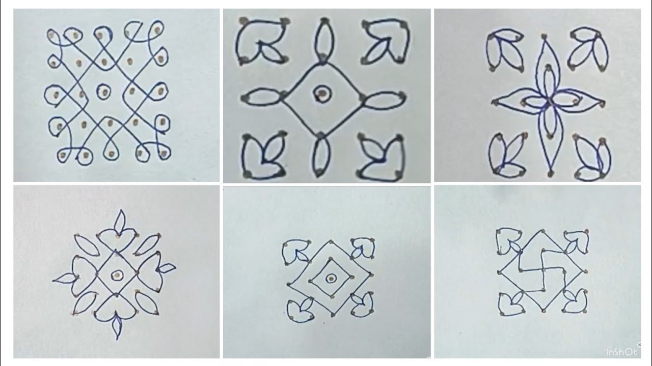 6 simple and easy rangoli design from  5×5 dots 🌺 #rangoli #muggulu #rangolidesigns 