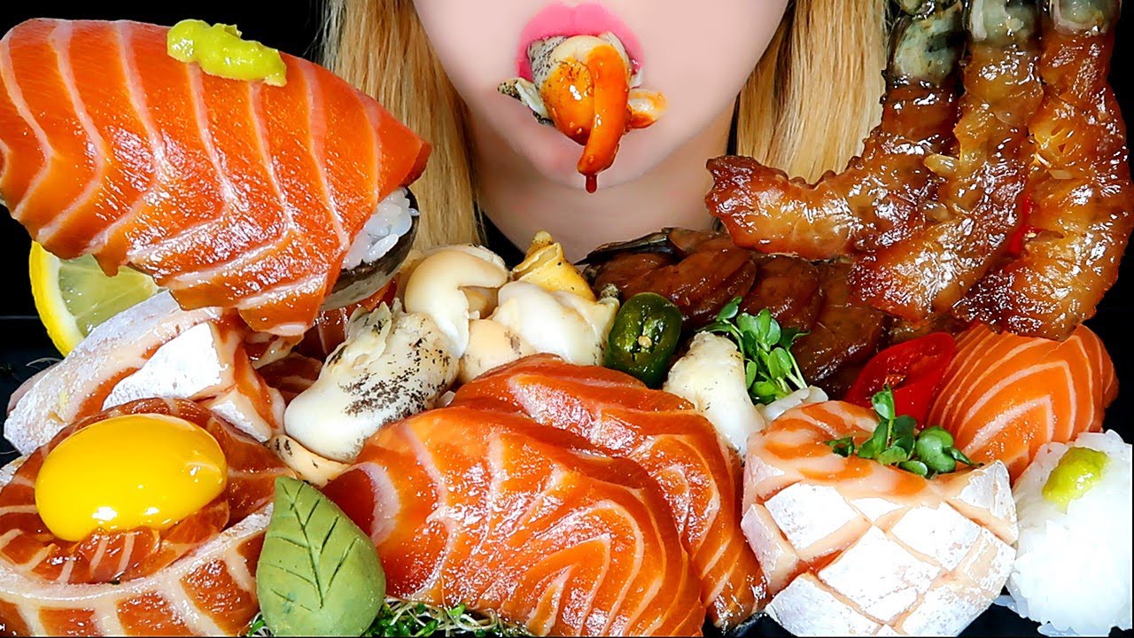 ASMR MARINATED SALMON / SHRIMP🦐 CONCH 🐚Mukbang Eating sounds