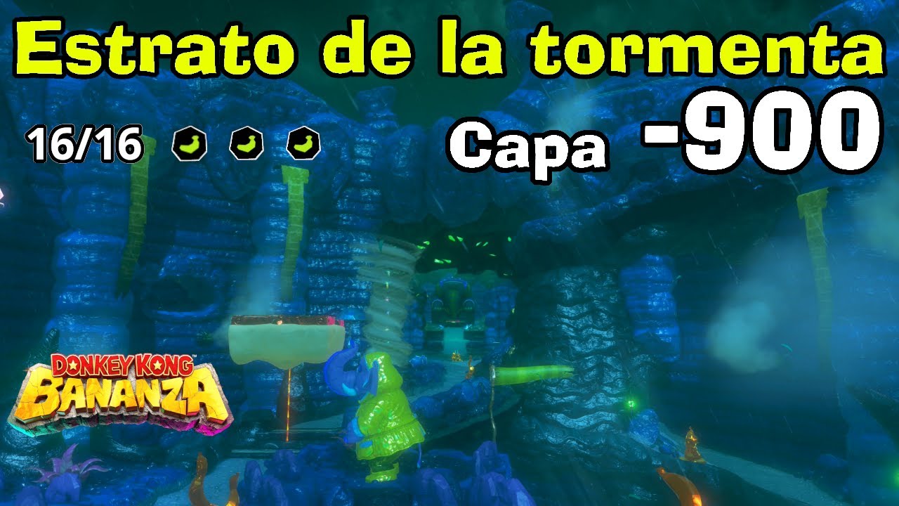 Todos los SECRETOS BANANAS Y FÓSILES Estrato de la Tormenta capa -900 DONKEY KONG BANANZA