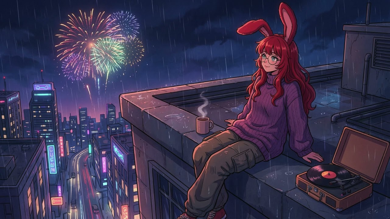 midnight sparkles & city lights 🐇🎇 cozy rooftop lofi