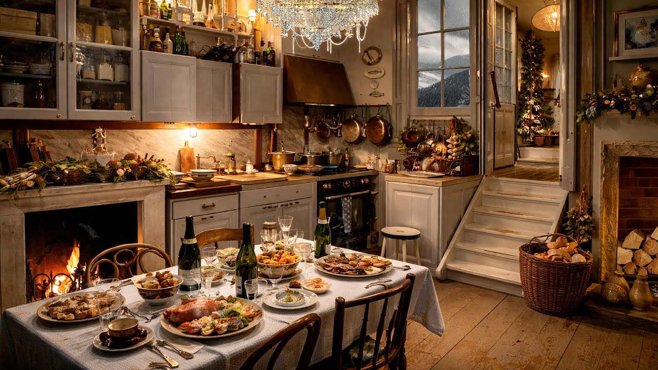 Cozy Winter Cottage Kitchen 🕯️ ASMR Ambience (Fireplace, Distant Wind, Quiet Kitchen Sounds)