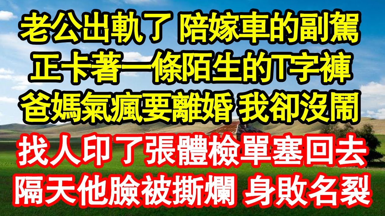 老公出軌了 陪嫁車的副駕，正卡著一條陌生的T字褲，爸媽氣瘋要離婚 我卻沒鬧，找人印了張體檢單塞回去，隔天他臉被撕爛 身敗名裂真情故事會|老年故事|情感需求|養老|家庭