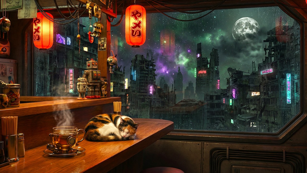 🐱 Japanese Lofi Ambient for Study & Late Night | Sleeping Cat in a Cyberpunk Ramen Bar | 4K