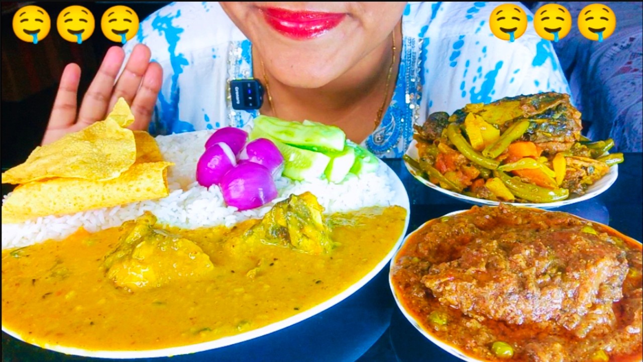 ASMR EATING: Spicy Katla Kalia , Muro Daal , Mixed Veg..Big Bites.. Mukbang Eating