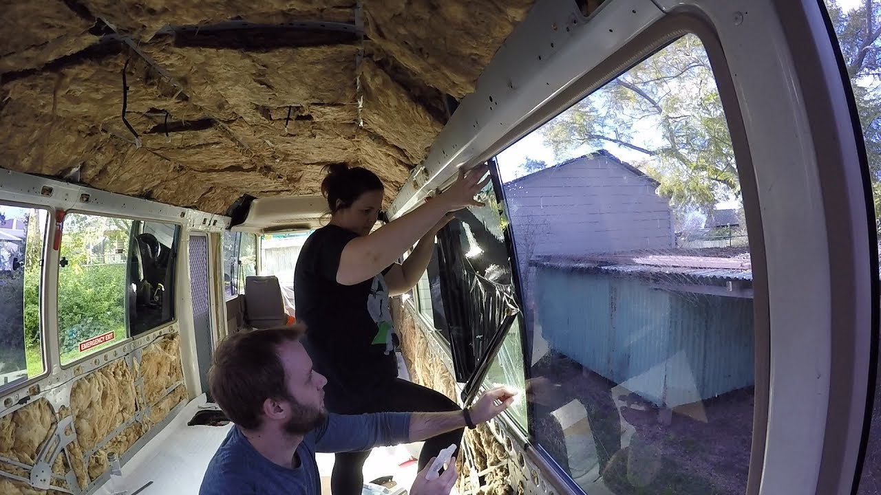 Toyota Coaster Bus Conversion - Installing Window Tint and Taping Layout - Learn from our MISTAKES!!