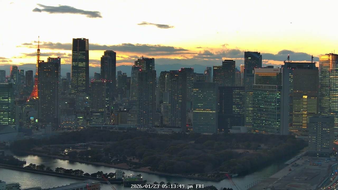 4K Tokyo Sunset | 勝どき & 築地 ライブカメラ | Camera 1 | 2026-01-23, 18:54