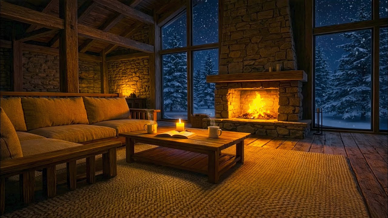 Gentle Piano & Moonlit Sofa by Cozy Fireplace Heavy Snowfall for Deep Sleep & Relaxation ❄️🎹
