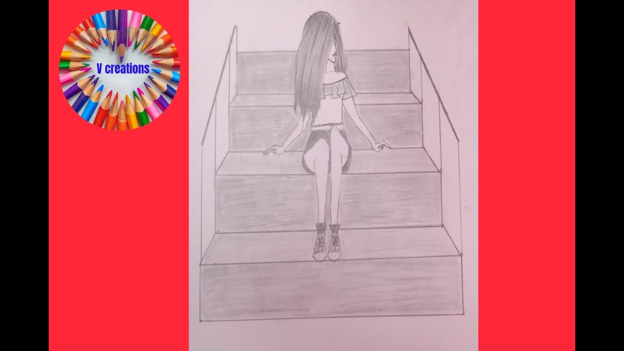 Easy way to draw a girl sitting in staircase || pencil drawing || v creations