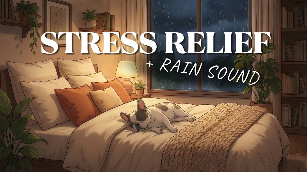 3 Hours Calm Music with Rain Sounds and Frenchie -  Evening / Relaxation / Stress relief