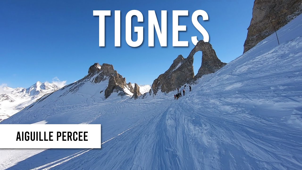 Skiing 'aiguille percée' ski route in Tignes Val d'Isere.