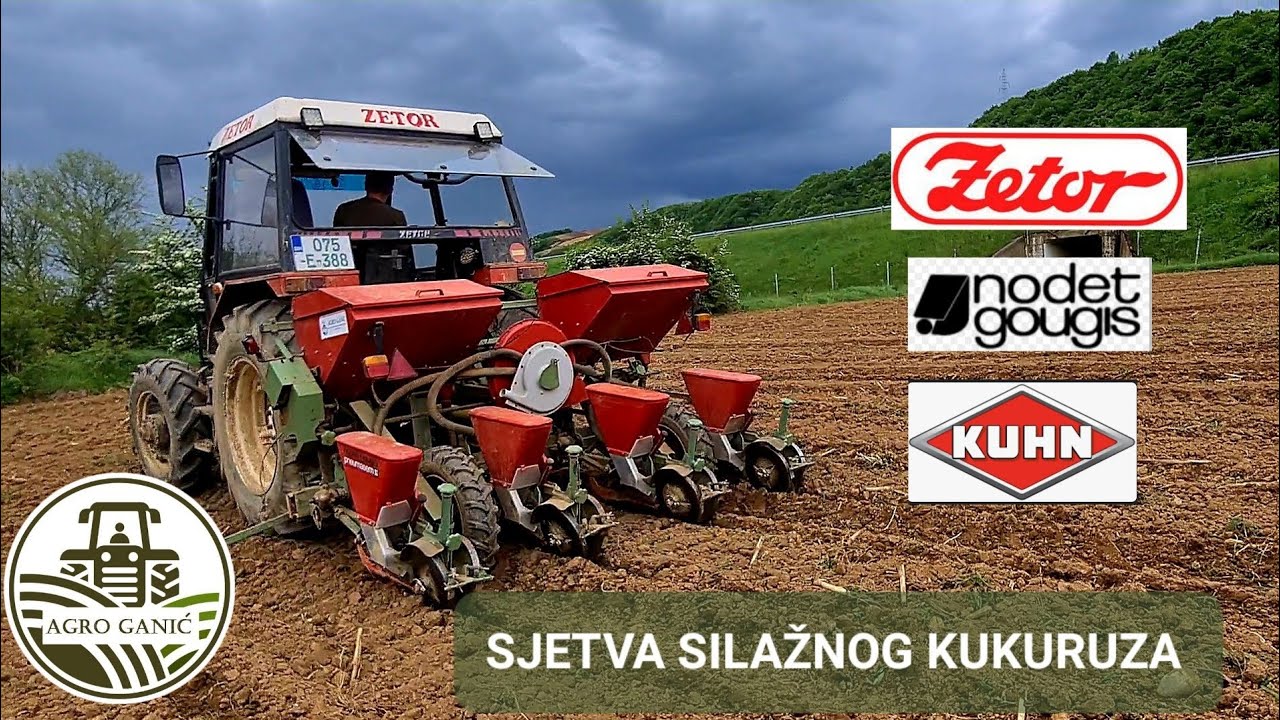 Zetor 6245 koji radi na polju sa četverorednom pneumatskom sijačicom Nodet