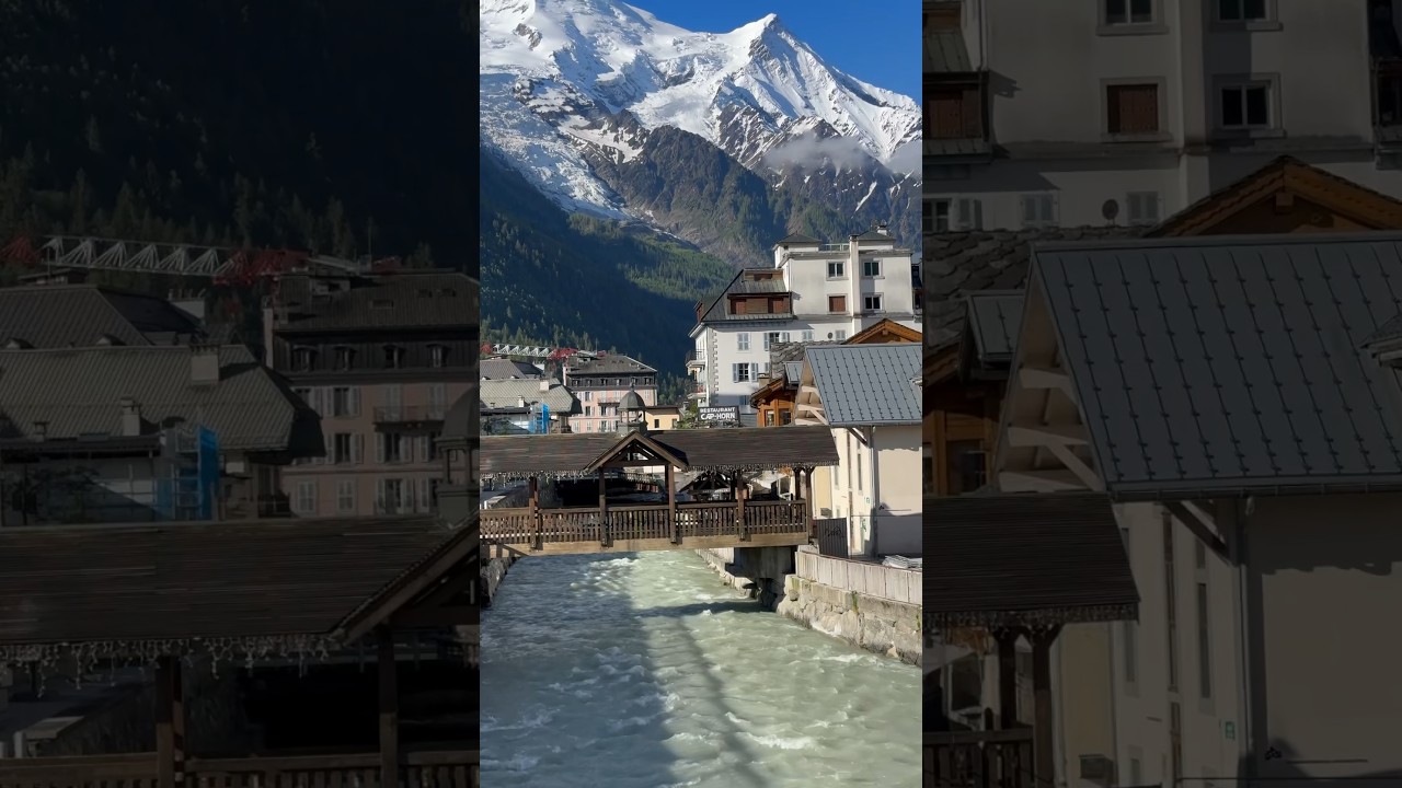 The Arve River flows thru Chamonix France with views to Mont Blanc