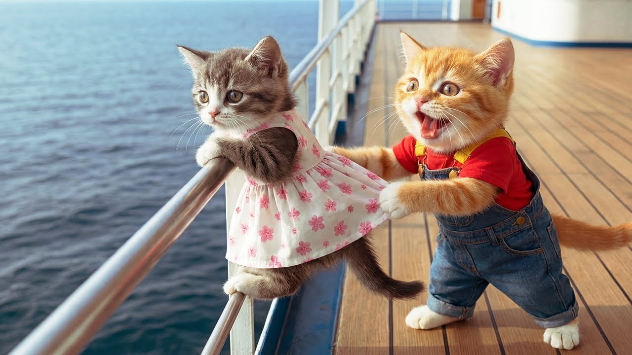 🐱🚢 From Home to Adventure: Two Kitten Siblings Enjoy a Dream Cruise with Mama & Papa Cat 💖✨